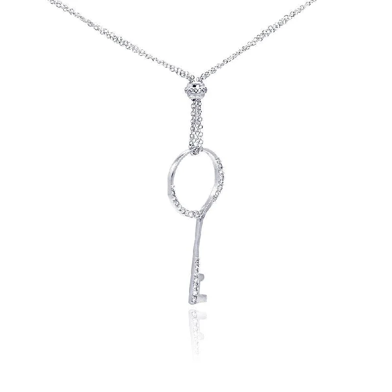 Trendy necklaces and pendants with geometric shapes for a modern aesthetic-Silver 925 Rhodium Plated Open Circle Key CZ Necklace - BGP00279