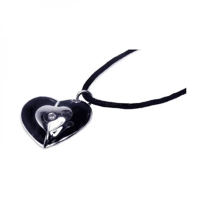 Necklaces and pendants with personalized charms for a custom piece of jewelry-Silver 925 Rhodium Plated Black Enamel Heart Clear CZ Black Cord Pendant Necklace - BGN00002