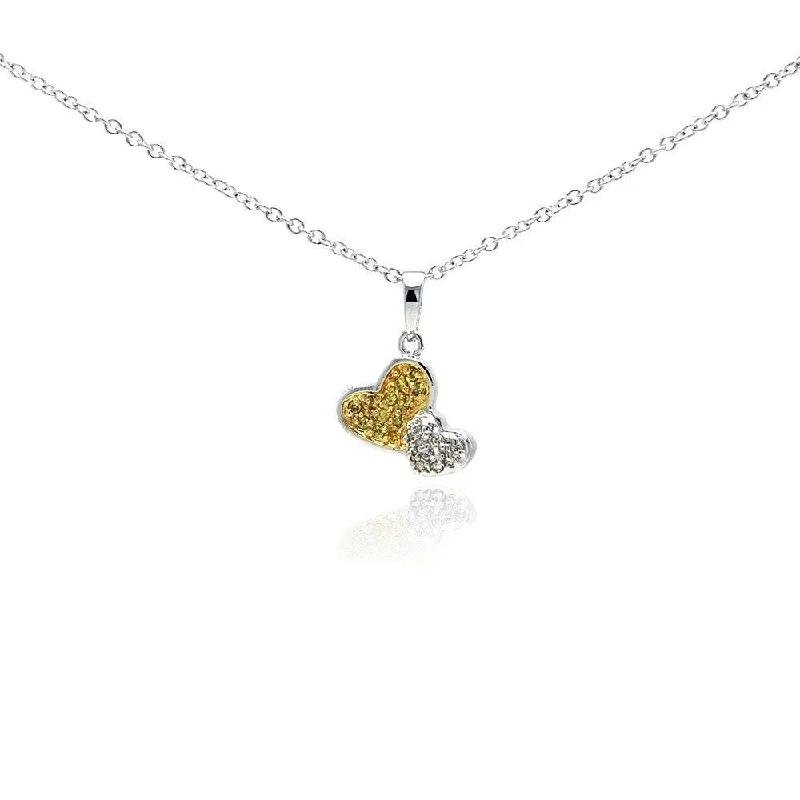 Beautiful necklaces and pendants with moon and star charms for a dreamy effect-Silver 925 Gold and Rhodium Plated Two Toned Heart CZ Dangling Necklace - BGP00296