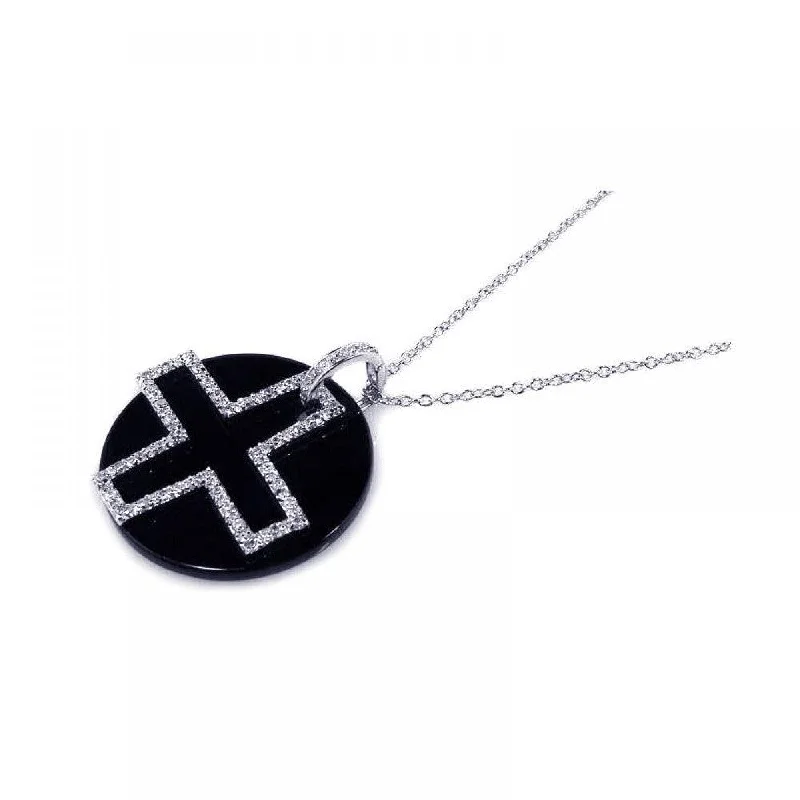 Simple necklaces and pendants with bar pendants for a sleek modern design-Clearance-Silver 925 Clear CZ and Onyx Rhodium Plated Cross Pendant Necklace - BGP00124