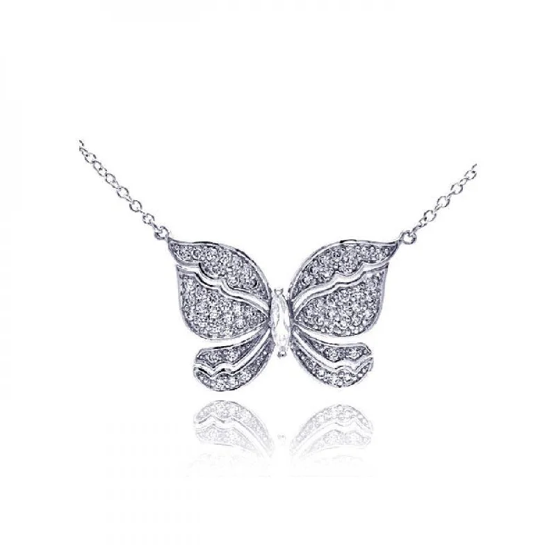 Beautiful necklaces and pendants with diamond halo settings for extra brilliance-Silver 925 Rhodium Plated Butterfly CZ Necklace - BGP00299