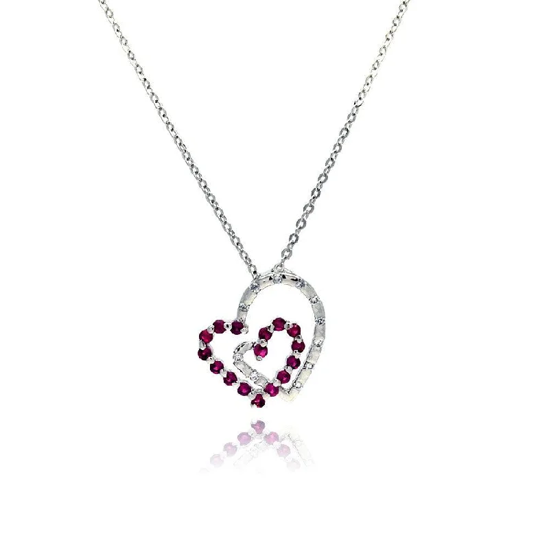 Best necklaces and pendants with sterling silver for an affordable yet stylish choice-Clearance - Silver 925 Red CZ Rhodium Plated Double Heart Pendant Necklace - BGP00028