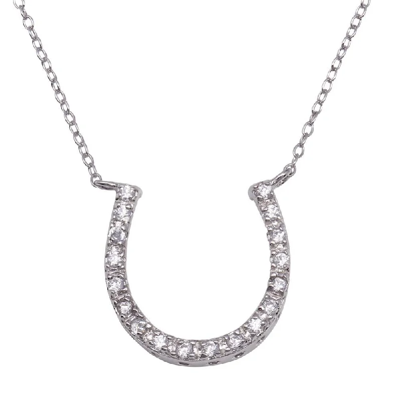 Elegant necklaces and pendants with onyx stones for a sleek, polished look-Silver 925 Clear CZ Rhodium Plated Horse Shoe Necklace - STP00027