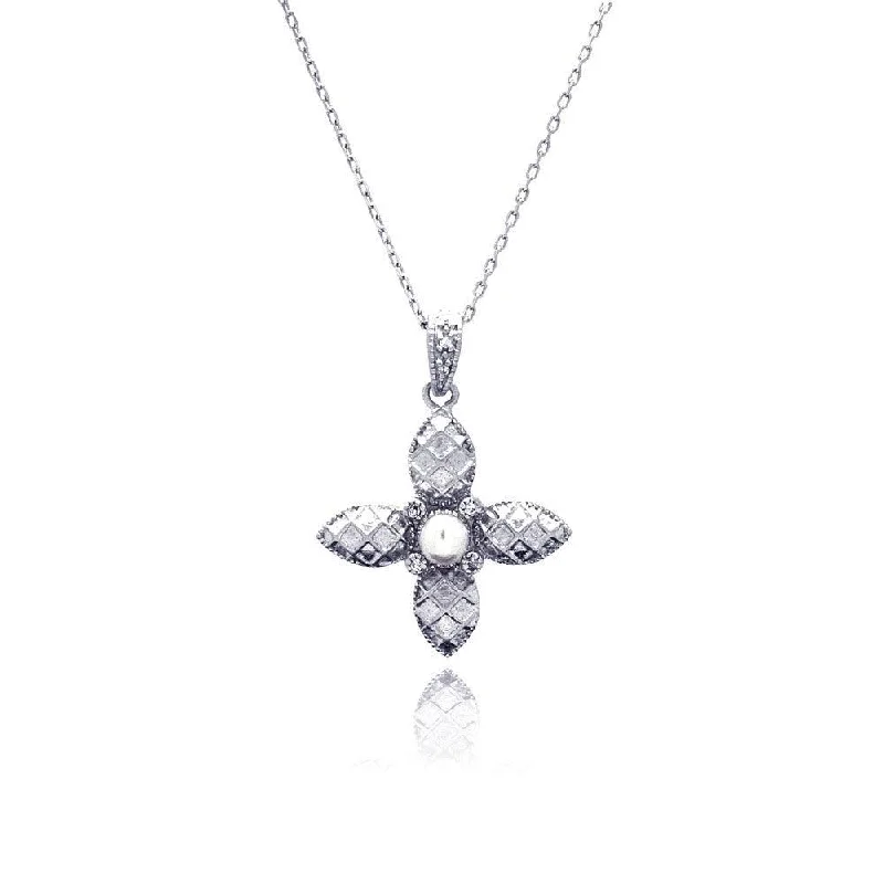 Best necklaces and pendants with opal and gold for a vibrant, luxurious contrast-Clearance-Silver 925 Rhodium Plated Flower CZ Center Pearl Necklace - BGP00432