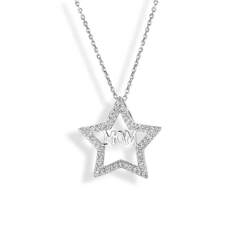 Necklaces and pendants with star-shaped designs for a whimsical, celestial touch-Silver 925 Rhodium Plated Clear CZ Mom Star Pendant Necklace - STP00620