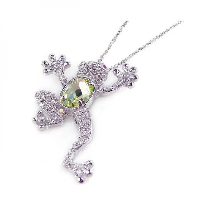 Beautiful necklaces and pendants with natural stones for an earthy, organic vibe-Silver 925 Rhodium Plated Green CZ Frog Pendant Necklace - STP00762