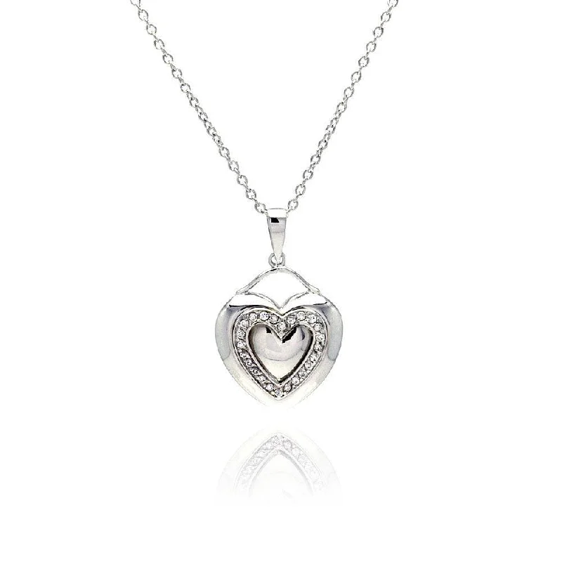 Beautiful necklaces and pendants with moon and star charms for a dreamy effect-Silver 925 Rhodium Plated Heart Clear CZ Inlay Dangling Necklace - STP00526