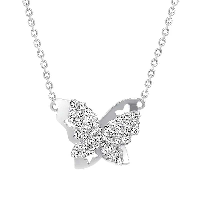 Necklaces and pendants with enamel accents for a colorful, eye-catching appearance-Round Diamond Dazzling Butterfly Pendant Necklace