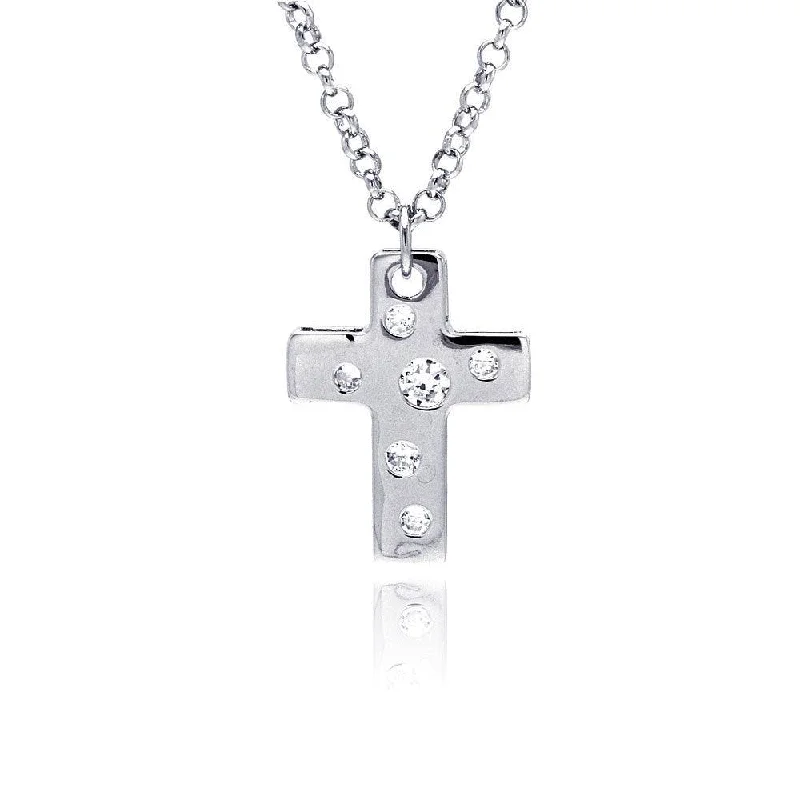 Necklaces and pendants with crescent moon designs for a celestial and mystical feel-Clearance-Silver 925 Rhodium Plated High Polish Cross Multi Sized Clear CZ Pendant Necklace - BGN00013