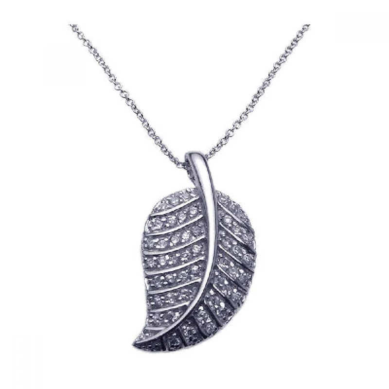 Necklaces and pendants with celestial starburst designs for a radiant look-Clearance-Silver 925 Rhodium Plated Clear CZ Leaf Pendant Necklace - STP00789