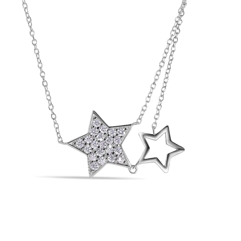 Beautiful necklaces and pendants with diamond halo settings for extra brilliance-Silver 925 Rhodium Plated Open and Closed Star CZ Inlay Necklace - STP00529