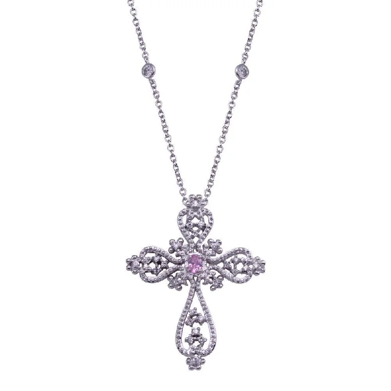 Best necklaces and pendants with heart-shaped lockets for a sentimental keepsake-Clearance-Silver 925 Rhodium Plated Clear and Pink Cross Pattern Pendant Necklace - STP00407