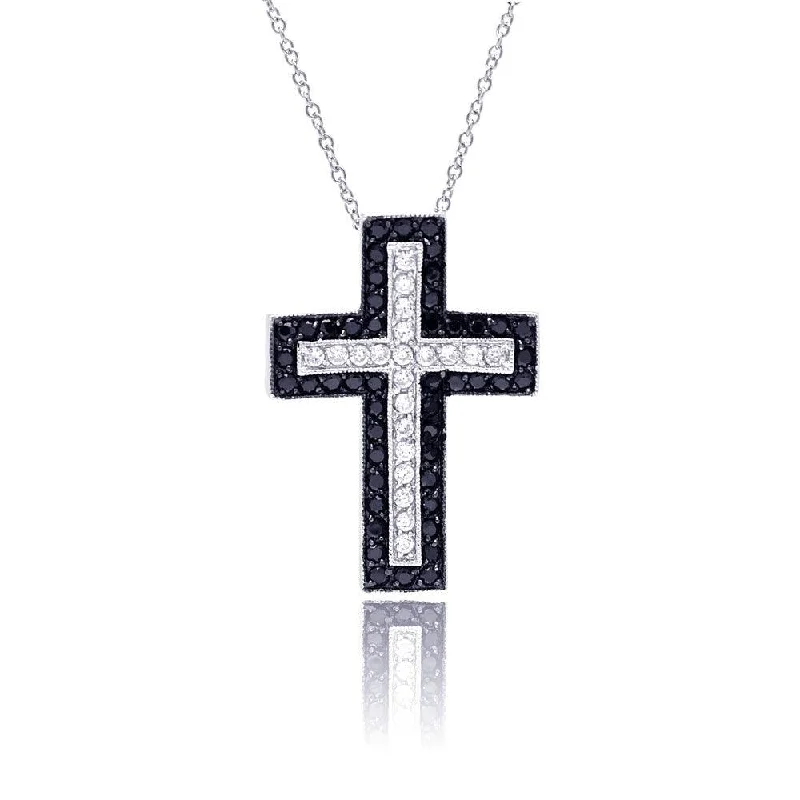 Stunning necklaces and pendants with jade gemstones for a calming green hue-Clearance-Silver 925 Rhodium Black and Clear Cross CZ Necklace - BGP00215