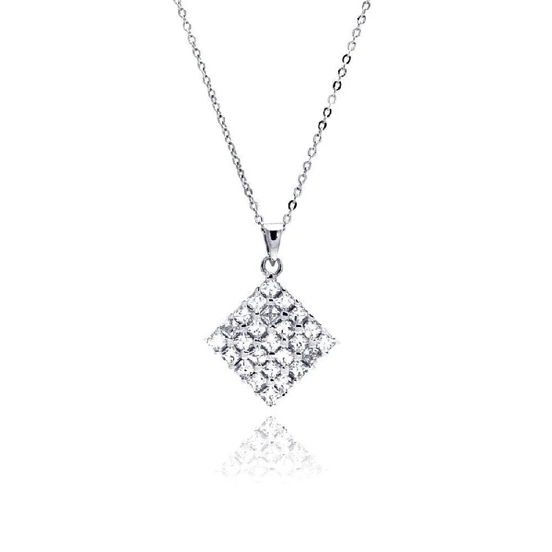 Simple necklaces and pendants with tiny charms for a delicate and casual vibe-Clearance-Silver 925 Clear CZ Rhodium Plated Square Pendant Necklace - BGP00156