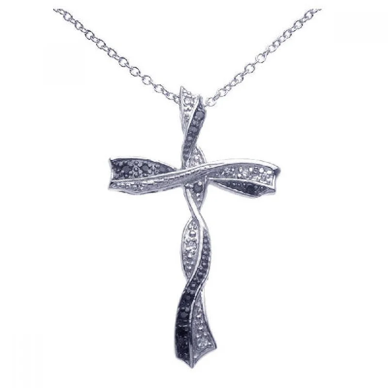 Best necklaces and pendants with intricate filigree for vintage-inspired elegance-Clearance-Silver 925 Black and Clear Rhodium Plated Twisted Cross CZ Necklace - BGP00261