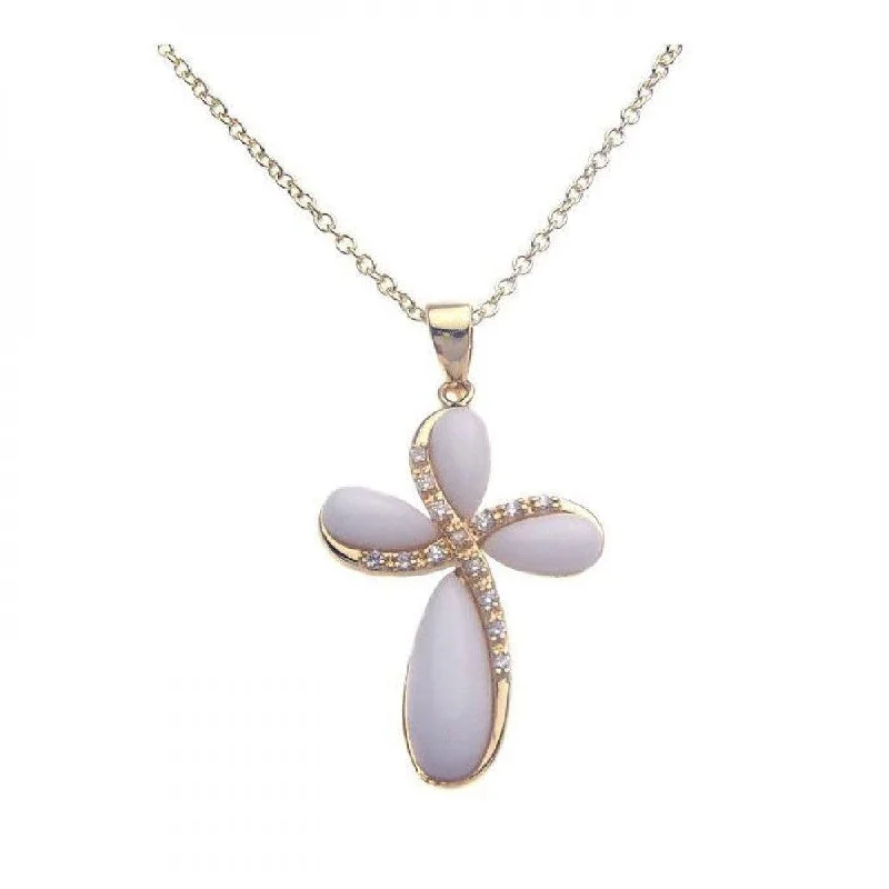 Simple necklaces and pendants with bar pendants for a sleek modern design-Silver 925 Gold Plated Ivory Cross CZ Necklace - BGP00259