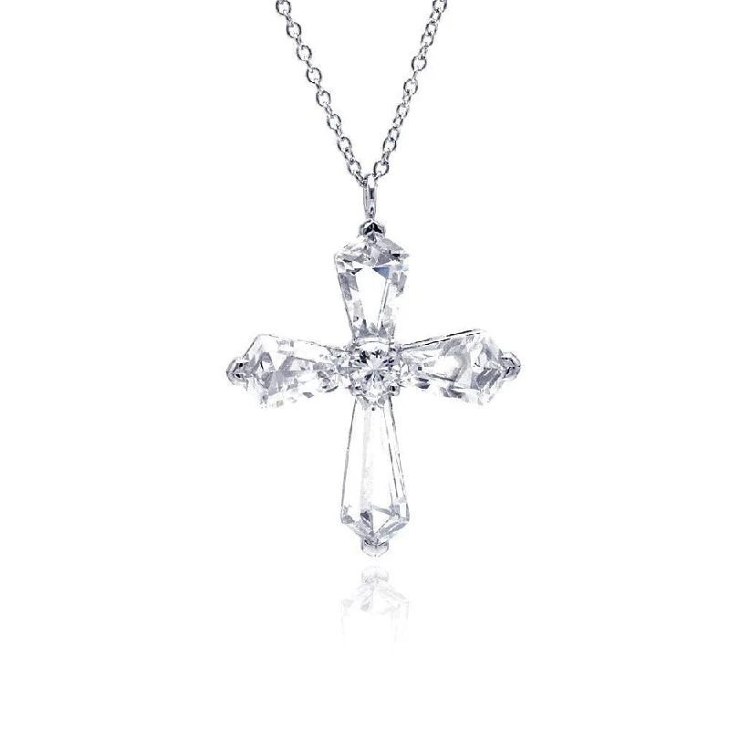 Necklaces and pendants with custom designs for a completely unique jewelry piece-Clearance-Silver 925 Rhodium Plated Cross CZ Necklace - BGP00297