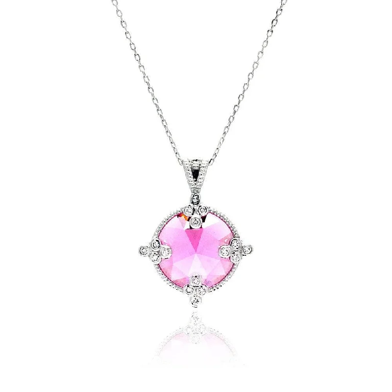 Simple necklaces and pendants with bar pendants for a sleek modern design-Silver 925 Rhodium Plated Pink Round CZ Necklace - BGP00447