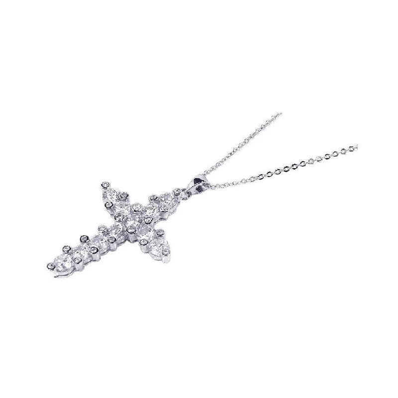 Best necklaces and pendants with silver chains for a sleek, timeless look-Silver 925 Clear CZ Rhodium Plated Cross Pendant Necklace - BGP00069