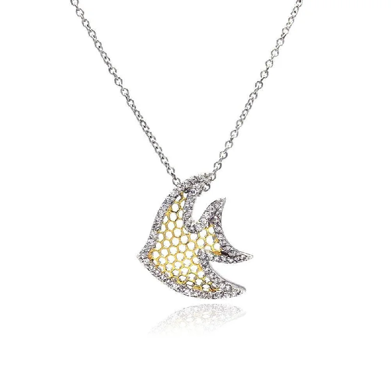 Personalized necklaces and pendants with coordinates for a meaningful location-based gift-Silver 925 Clear CZ Rhodium Plated Multi Hole Fish Pendant Necklace - STP00382