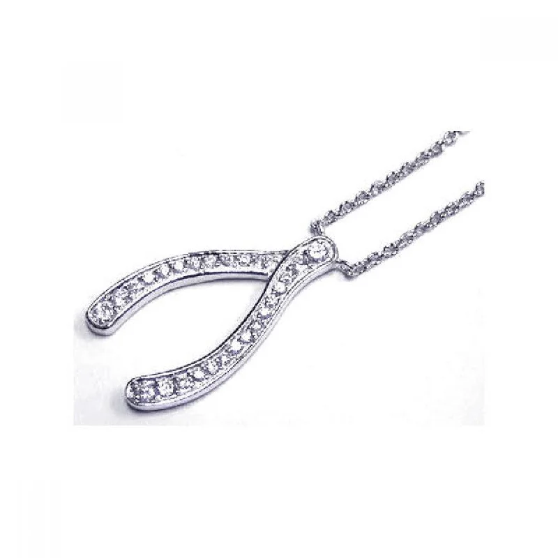 Stunning necklaces and pendants with ruby and diamond combinations for a luxurious effect-Clearance-Silver 925 Clear CZ Rhodium Plated Wishbone Pendant Necklace - STP00204