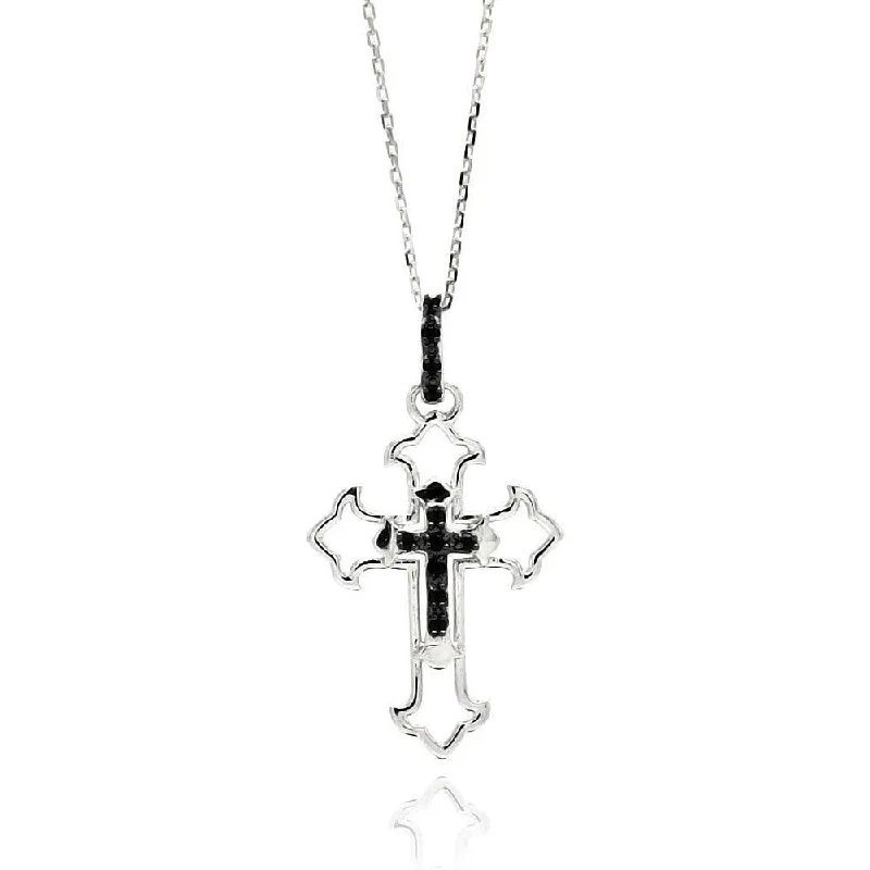 Best necklaces and pendants with cross pendants for a spiritual, meaningful symbol-Silver 925 Rhodium Plated Open Cross Black and Clear CZ Necklace - BGP00547