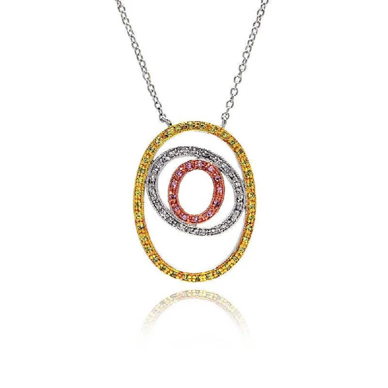 Necklaces and pendants with geometric pendants for a clean, contemporary design-Silver 925 Rhodium Plated Open Double Circle Multi-color CZ Necklace - BGP00043