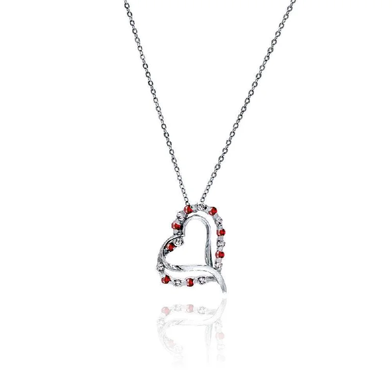 Best necklaces and pendants for weddings with matching designs for bride and groom-Silver 925 Red and Clear CZ Rhodium Plated Heart Necklace - BGP00031RED