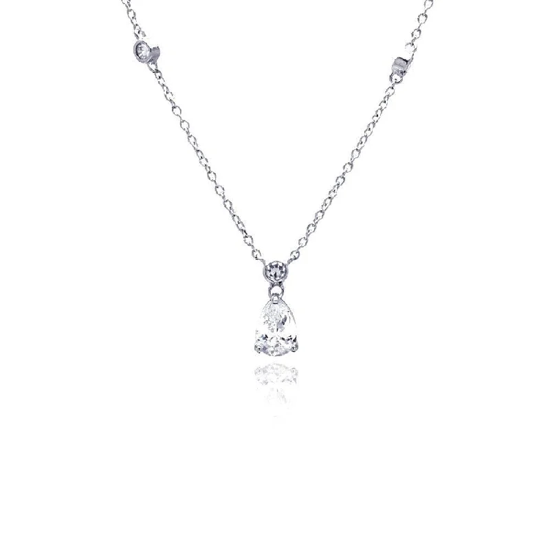 Necklaces and pendants with lotus flower designs for a spiritual, peaceful vibe-Silver 925 Clear CZ Rhodium Plated Teardrop Pendant Necklace - STP00205