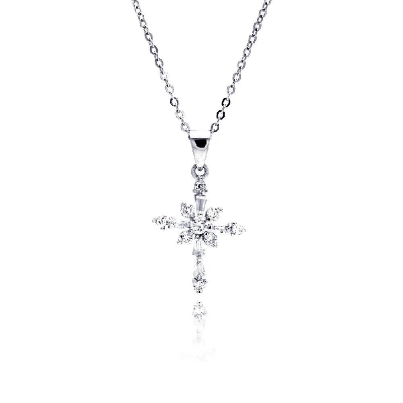 Necklaces and pendants with lotus flower designs for a spiritual, peaceful vibe-Silver 925 Clear CZ Rhodium Plated Cross Pendant Necklace - BGP00066