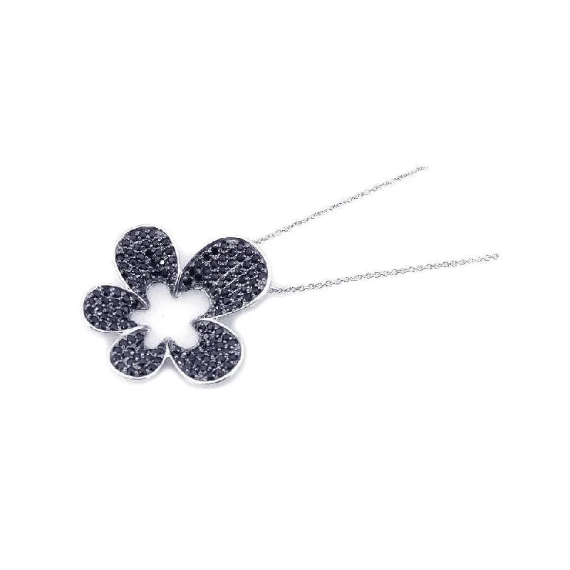 Best necklaces and pendants with silver chains for a sleek, timeless look-Clearance-Silver 925 Rhodium Plated Black CZ Flower Pendant Necklace - STP00818