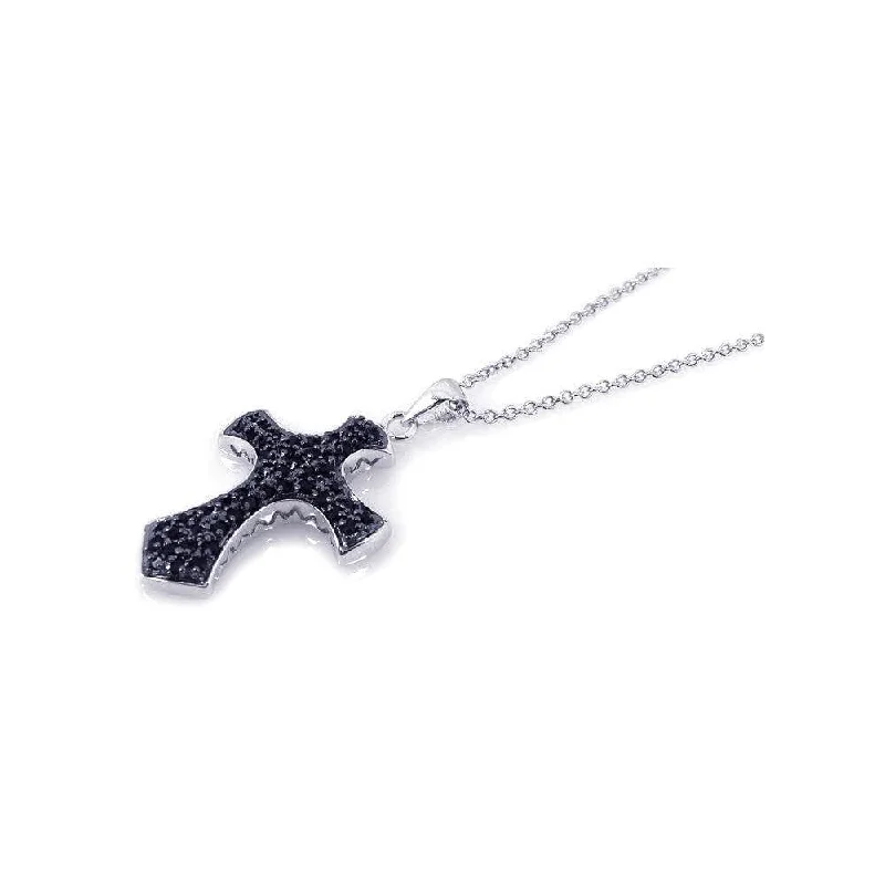 Beautiful necklaces and pendants with moon and star charms for a dreamy effect-Clearance-Silver 925 Rhodium Plated Black Cross CZ Necklace - BGP00177