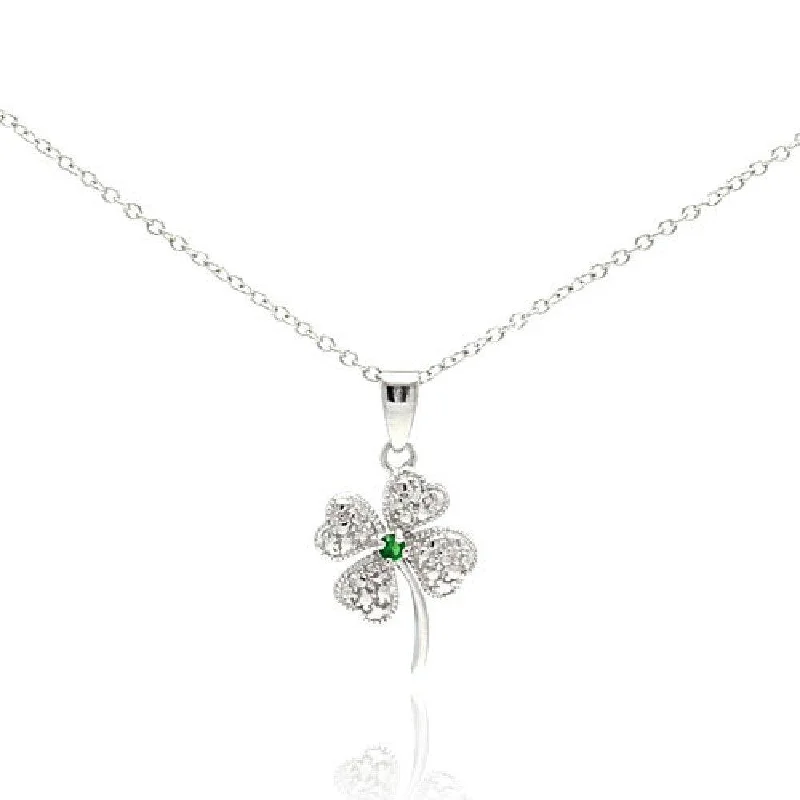 Necklaces and pendants with love knot designs for a romantic, meaningful symbol-Silver 925 Clear Green CZ Rhodium Plated Clover Pendant Necklace - STP00235-GREEN