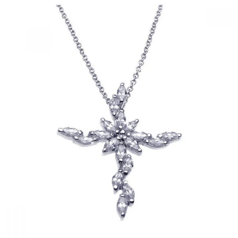 Necklaces and pendants with angel wing motifs for a spiritual, meaningful design-Clearance-Silver 925 Rhodium Marquis Cross CZ Necklace - BGP00235