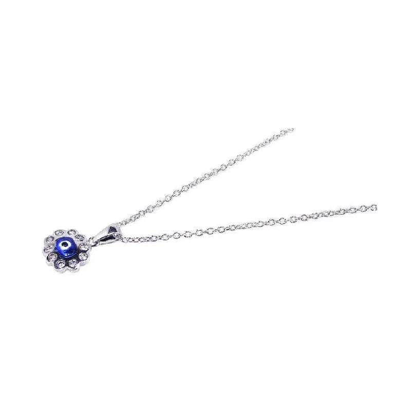 Best necklaces and pendants with art deco elements for a vintage, glamorous design-Silver 925 Rhodium Plated Clear CZ Evil Eye - Blue Cluster Pendant Necklace - STP00608