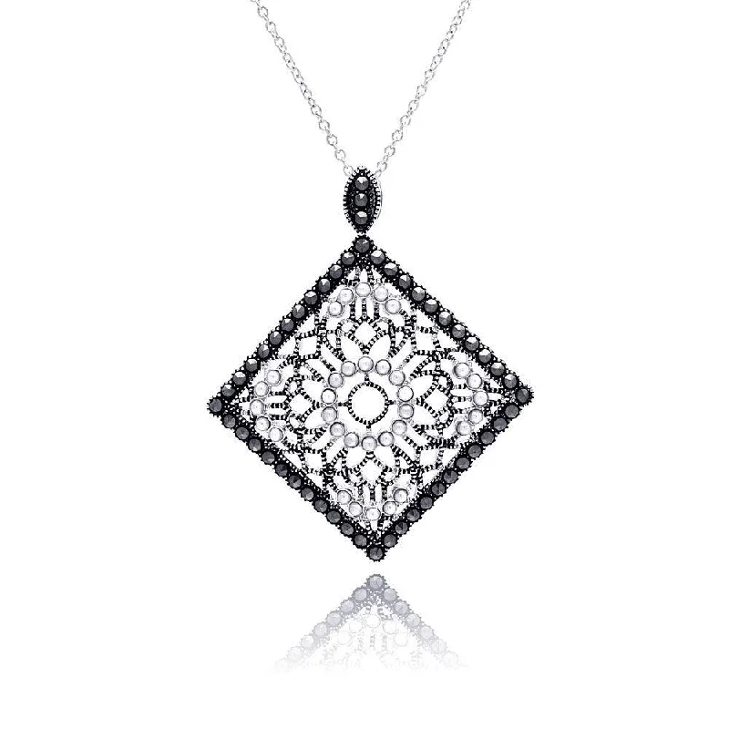 Stunning necklaces and pendants with chakra stones for healing and balance-Clearance-Silver 925 Black Rhodium Plated Square Filigree Marcasite CZ Necklace - BGP00303