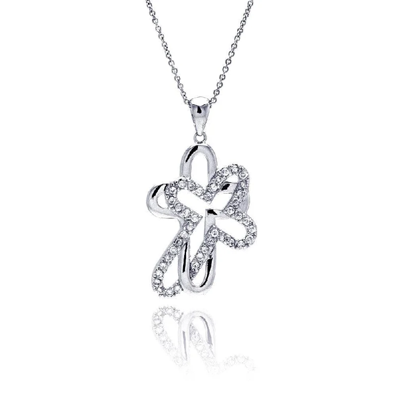 Necklaces and pendants with star-shaped designs for a whimsical, celestial touch-Clearance-Silver 925 Clear CZ Rhodium Plated Double Cross Pendant Necklace - STP00008