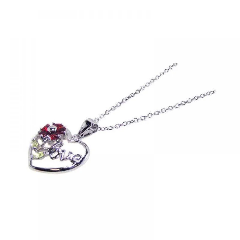 Necklaces and pendants with matching rings for a coordinated set of jewelry-Silver 925 Red CZ Rhodium Plated Love Heart Pendant Necklace - BGP00062