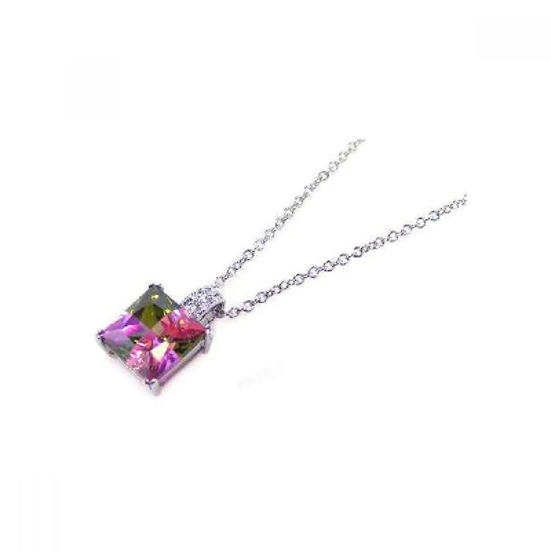 Necklaces and pendants with custom designs for a completely unique jewelry piece-Clearance-Silver 925 Multi Color CZ Rhodium Plated Square Stone Pendant Necklace - BGP00051