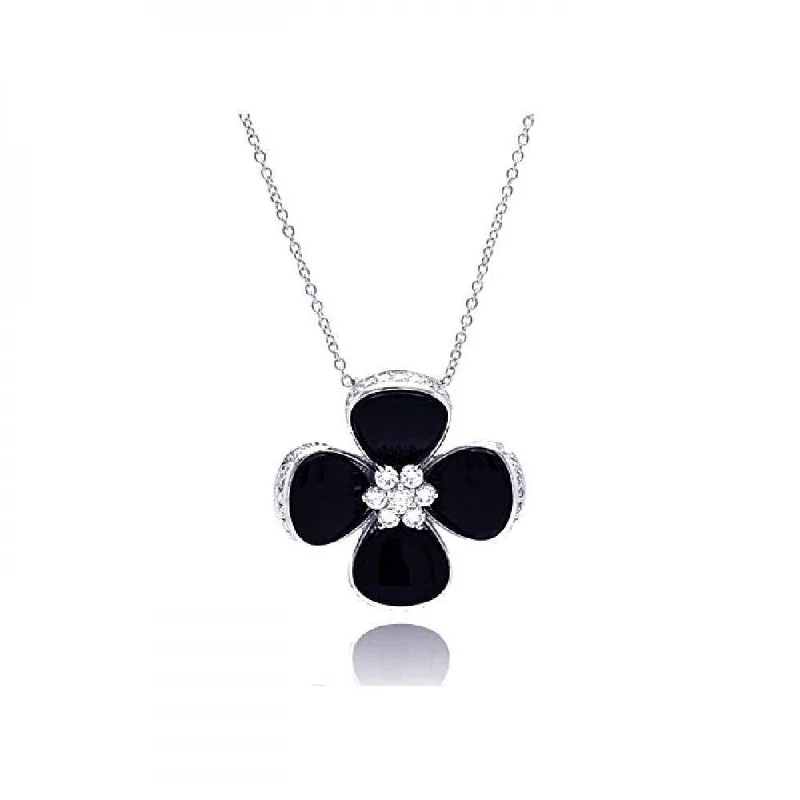 Necklaces and pendants with ocean-inspired designs for a refreshing, beachy feel-Clearance-Silver 925 Rhodium Plated Black Onyx Clover CZ Necklace - BGP00301