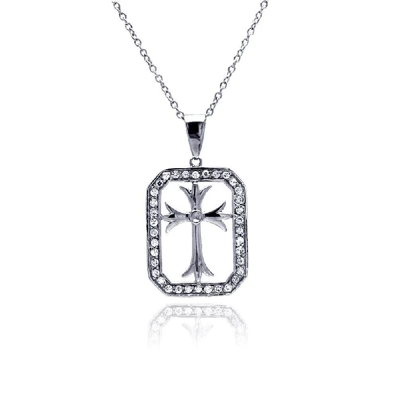 Beautiful necklaces and pendants with natural stones for an earthy, organic vibe-Clearance-Silver 925 Rhodium Plated Clear CZ Cross Necklace - STP00516