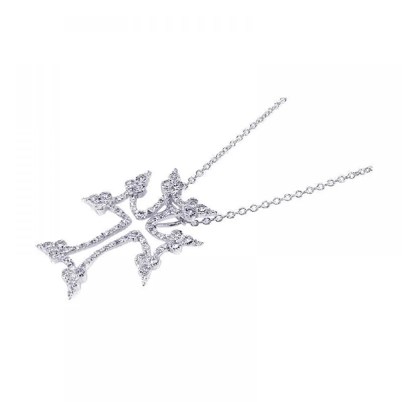 Beautiful necklaces and pendants with geometric shapes for a modern, artistic design-Silver 925 Rhodium Plated Clear CZ Tree Cross Pendant Necklace - STP00602