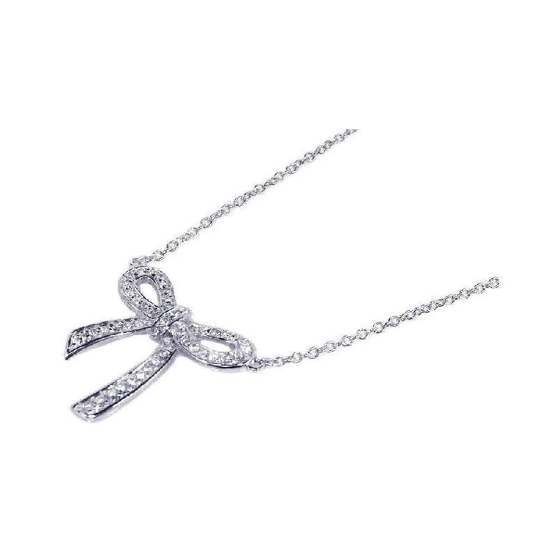 Best necklaces and pendants with layered designs for a chic, stacked look-Silver 925 Rhodium Plated Bow Tie CZ Inlay Necklace - STP00525