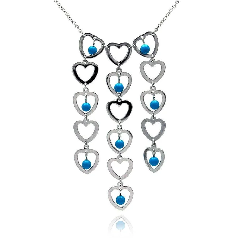 Necklaces and pendants with zodiac constellation designs for an astrological touch-Clearance-Silver 925 Rhodium Plated Multi Heart Strand Turquoise Bead CZ Pendant Necklace - BGN00007