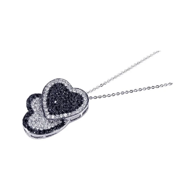 Beautiful necklaces and pendants with layered chains for a fashionable, chic look-Clearance-Silver 925 Clear Black CZ Rhodium Plated Double Heart Pendant Necklace - BGP00101