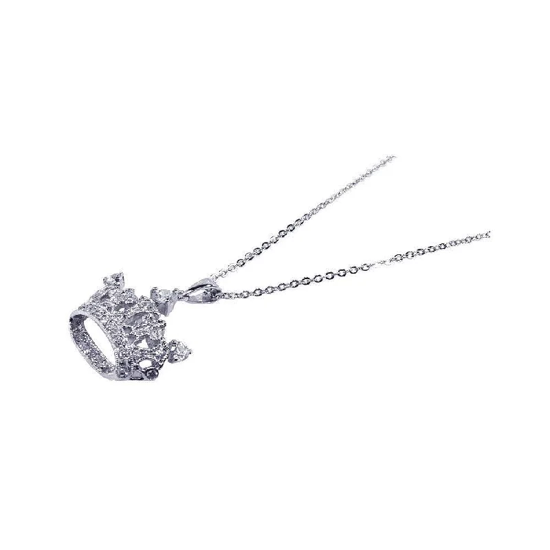 Necklaces and pendants with sun and moon motifs for a celestial-inspired design-Silver 925 Clear CZ Rhodium Plated Crown Pendant Necklace - BGP00058