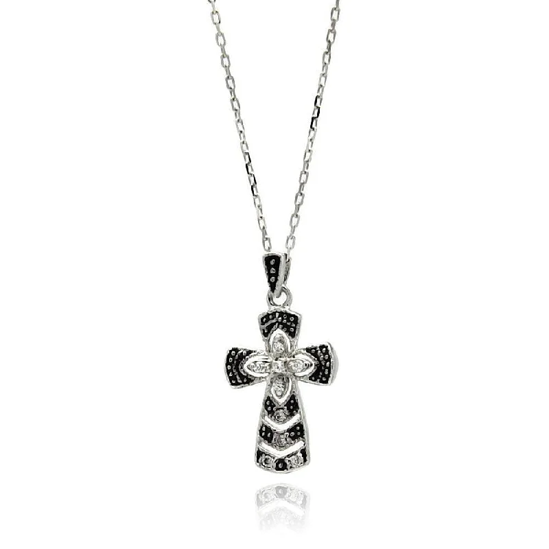 Necklaces and pendants with geometric pendants for a clean, contemporary design-Silver 925 Rhodium Plated Black Stripes CZ Necklace - BGP00525