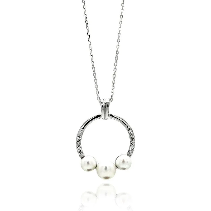 Necklaces and pendants with celestial starburst designs for a radiant look-Silver 925 Rhodium Plated Open Circle Fresh Water Pearl Necklace - BGP00556