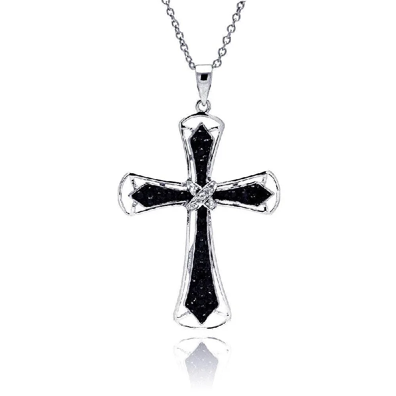 Elegant necklaces and pendants with infinity symbols for timeless designs-Silver 925 Black Clear CZ Rhodium Plated Cross Pendant Necklace - BGP00112