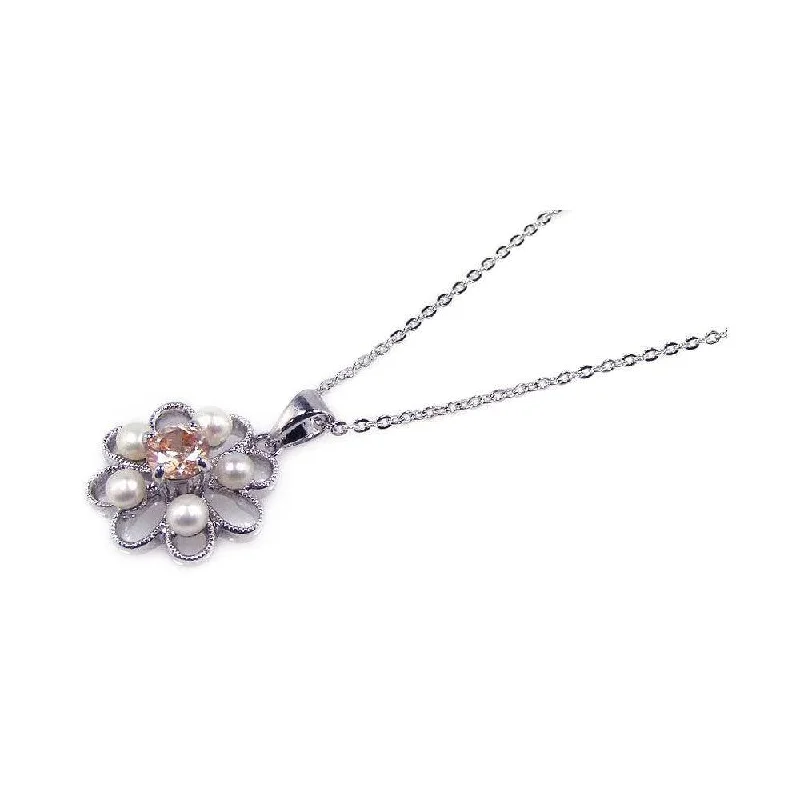 Elegant necklaces and pendants with diamond accents for added sparkle-Clearance-Silver 925 Champagne CZ Rhodium Plated Flower Pendant Necklace - BGP00143